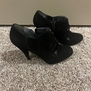 Miu Miu Suede black thick strappy heel booties